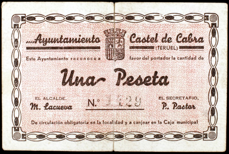 Castel de Cabra (Teruel). 1 peseta. (KG. 258). Escaso. MBC-.