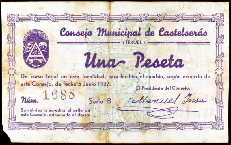 Castelserás (Teruel). Consejo Municipal. 50 céntimos y 1 peseta. (KG. 260) (T. 1...