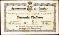 Escucha (Teruel). 50 céntimos y 1 peseta. (KG. 332 y 332a). 2 billetes. El de 1 peseta del 29 de agosto de 1937 y el de 50 céntimos, sin fecha y numer...