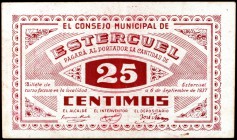 Estercuel (Teruel). 5, 25 y 50 céntimos. (KG. 238). 3 billetes. El de 25 céntimos, 0075. Escasos. BC/MBC+.