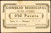 Foz-Calanda (Teruel). 50 céntimos. (KG. 363). Cartón, nº 474. Muy raro. MBC.