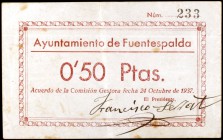 Fuentespalda (Teruel). Ayuntamiento. 25, 50 céntimos y 1 peseta. (KG. 374a) (T. 236 a 238). 3 billetes, nº: 223, 233 y 312, serie completa. Muy raros....