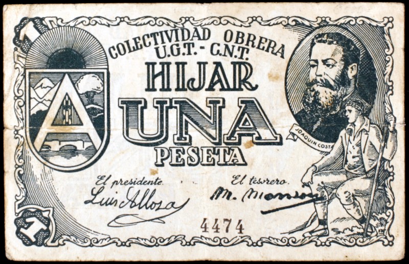 Híjar (Teruel). Colectividad Obrera U.G.T.-C.N.T. 25 céntimos y 1 peseta. (KG. 4...