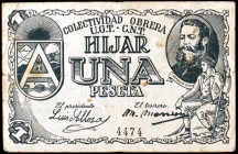 Híjar (Teruel). Colectividad Obrera U.G.T.-C.N.T. 25 céntimos y 1 peseta. (KG. 409). 2 billetes, serie completa. BC/MBC-.
