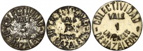 Mazaleón (Teruel). Colectividad. 5, 25 céntimos y 1 "unidades". (T. 268 a 270). 3 monedas en hojalata, serie completa. Extraordinariamente raras. MBC/...