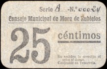 Mora de Rubielos (Teruel). 25 céntimos. (KG. 511). Cartón, nº 00024. Raro. MBC.