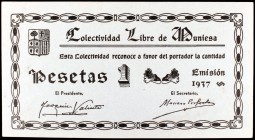 Muniesa (Teruel). Colectividad Libre. 5, 10, 25 céntimos, 1 (dos) y 2'50 pesetas. (KG. 521 y falta). 6 billetes, los dos de 1 peseta distintos. Conjun...