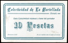 La Portellada (Teruel). Colectividad. 1, 10 y 25 pesetas. (KG. 596a, sólo indica el de 2 pesetas). 3 billetes. Muy raros y más así. MBC+/EBC-.