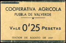 Puebla de Valverde (Teruel). Cooperativa Agrícola. 25 céntimos y 2 pesetas. (KG. falta). 2 cartones. Rarísimos. BC+/MBC+.