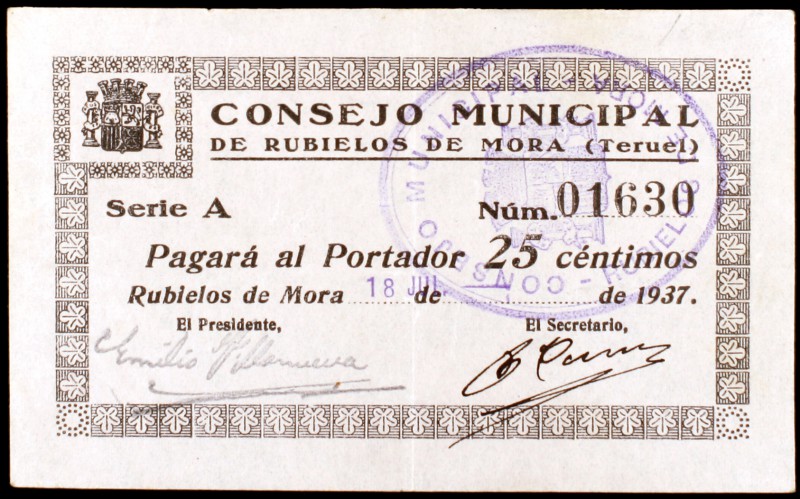 Rubielos de Mora (Teruel). 25, 50 céntimos y 1 peseta. (KG. 653 y falta). 3 bill...