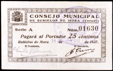 Rubielos de Mora (Teruel). 25, 50 céntimos y 1 peseta. (KG. 653 y falta). 3 billetes. Muy raros. BC+/MBC+.