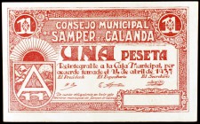 Samper de Calanda (Teruel). 50 céntimos, 1 y 2 pesetas. (KG. 671a). 3 billetes, serie completa. Escasos. BC+/EBC.
