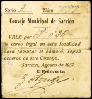 Sarrión (Teruel). 25 céntimos. (KG. falta, indica sólo el de 2 pesetas). Nº 999. Roto y pegado en la época. Muy raro. (BC+).