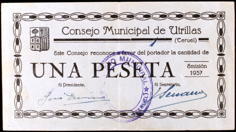 Utrillas (Teruel). 25 céntimos y 1 peseta (dos). (KG. 760 y falta). 3 billetes, ...