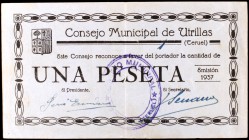 Utrillas (Teruel). 25 céntimos y 1 peseta (dos). (KG. 760 y falta). 3 billetes, los de 1 peseta distintos. Muy raros. BC/MBC+.