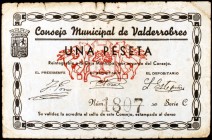 Valderrobles (Teruel). 25, 50 céntimos y 1 peseta. (KG. 764) (T. 408 a 410). 3 billetes, serie completa. Raros. BC/MBC.