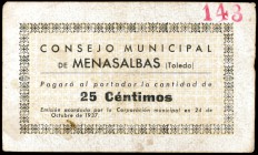 Menasalbas (Toledo). 25 céntimos. (KG. falta). Nº 143. Muy raro. MBC-.