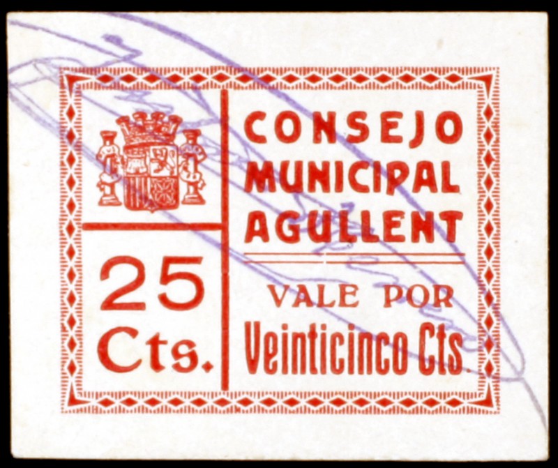 Agullent (Valencia). 25, 50 céntimos y 1 peseta. (KG. 16) (T. 25 a 27). 3 carton...