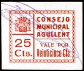 Agullent (Valencia). 25, 50 céntimos y 1 peseta. (KG. 16) (T. 25 a 27). 3 cartones, serie completa. Raros. BC+/EBC.
