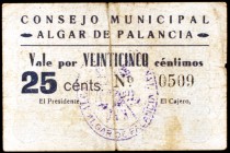Algar de Palancia (Valencia). 25 céntimos. (KG. falta, indica sólo el de 1 peseta) (T. 139). Muy raro. BC+.