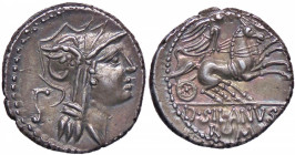ROMANE REPUBBLICANE - JUNIA - D. Junius Silanus L. f. (91 a.C.) - Denario B. 16; Cr. 337/3v (AG g. 3,94)senza LF nella leggenda del R/ Splendida patin...
