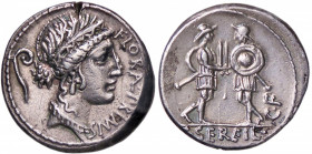 ROMANE REPUBBLICANE - SERVILIA - C. Servelius C. f. (57 a.C.) - Denario B. 15; Cr. 423/1 (AG g. 4,07) Colpo al D/ - Ex Santamaria, 1977
 Colpo al D/ ...