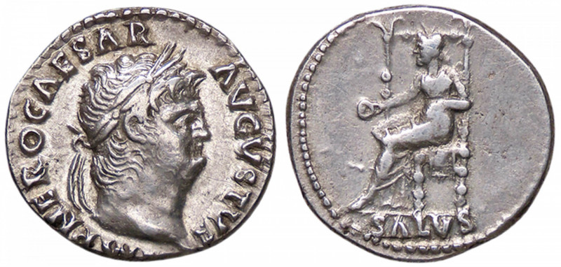 ROMANE IMPERIALI - Nerone (54-68) - Denario C. 318; RIC 53 (AG g. 3,49)
qSPL/BB...
