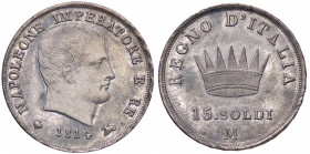 ZECCHE ITALIANE - MILANO - Napoleone I, Re d'Italia (1805-1814) - 15 Soldi 1814 Pag. 51; Mont. 268 RRR AG Patina su fondi brillanti
 Patina su fondi ...