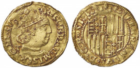 ZECCHE ITALIANE - NAPOLI - Ferdinando I d’Aragona (1458-1494) - Ducato P.R. 9c; MIR 64/8 R (AU g. 3,49) Lieve mancanza passante di conio
 Lieve manca...
