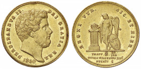 ZECCHE ITALIANE - NAPOLI - Ferdinando II di Borbone (1830-1859) - 6 Ducati 1850 P.R. 34; Mont. 715 RR (AU g. 7,58) Colpetto
 Colpetto
SPL