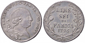 ZECCHE ITALIANE - PARMA - Ferdinando di Borbone (1765-1802) - 6 Lire 1796 CNI 152; Mont. 54 NC (AG g. 7,32)
qFDC