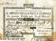 CARTAMONETA - STATO PONTIFICIO - Sacro Monte della Pietà di Roma (1785-1797) Taglio da 1000 scudi Gav. 9 RRRRR Lievi mancanze
 Lievi mancanze
BB