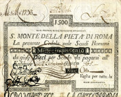 CARTAMONETA - STATO PONTIFICIO - Sacro Monte della Pietà di Roma (1785-1797) Taglio da 1500 scudi Gav. 10 RRRRR
bel BB