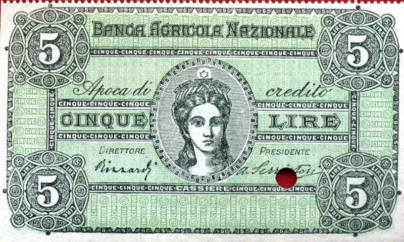 CARTAMONETA - BUONI AGRARI - Banca Agricola Nazionale Firenze - 5 Lire 31/01/187...