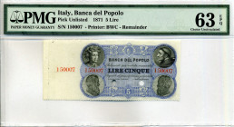 CARTAMONETA - MONETAZIONE D'EMERGENZA - Banca del Popolo Firenze (1866) - 5 Lire 07/12/1871 Gav. 34 RR Sigillata PMG63
 Sigillata PMG63
qFDS