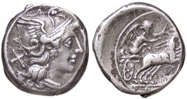 ROMANE REPUBBLICANE - ANONIME - Monete senza simboli (dopo 211 a.C.) - Denario B. 6; Cr. 197/1 (AG g. 4,23) Decentrato al R/
 Decentrato al R/
BB