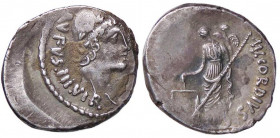 ROMANE REPUBBLICANE - CORDIA - Mn. Cordius Rufus (46 a.C.) - Denario B. 1; Cr. 463/1b (AG g. 3,67) Decentrato al D/
 Decentrato al D/
BB/BB+