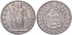 ZECCHE ITALIANE - TORINO - Repubblica Subalpina (1800-1802) - 5 Franchi AN 10 Pag. 6; Mont. 10 R AG
BB/BB+