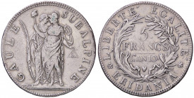 ZECCHE ITALIANE - TORINO - Repubblica Subalpina (1800-1802) - 5 Franchi AN 10 Pag. 6; Mont. 10 R AG
BB