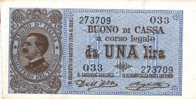 CARTAMONETA - BUONI DI CASSA - Vittorio Emanuele III (1900-1943) - Lira 18/08/1914 - Serie 1-40 Alfa 10; Lireuro 3A Dell'Ara/Righetti
 Dell'Ara/Righe...