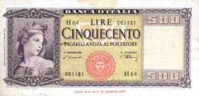 CARTAMONETA - BANCA d'ITALIA - Repubblica Italiana (monetazione in lire) (1946-2001) - 500 Lire - Italia 20/03/1947 Alfa 544; Lireuro 39A Einaudi/Urbi...