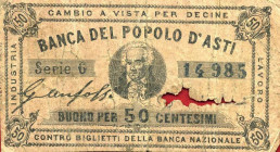 CARTAMONETA - MONETAZIONE D'EMERGENZA - Biglietti Fiduciari Asti (AT) Gav. 95 RRR Banca del Popolo 11/06/1868 - 50 centesimi Mancanza
 Banca del Popo...