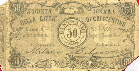 CARTAMONETA - MONETAZIONE D'EMERGENZA - Biglietti Fiduciari Crescentino (VC) Gav. 338 RRR Società Operai - 50 centesimi
 Società Operai - 50 centesim...