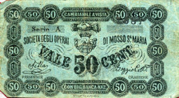 CARTAMONETA - MONETAZIONE D'EMERGENZA - Biglietti Fiduciari Mosso Santa Maria (VC) Gav. 611 RRR Società Operai - 50 centesimi
 Società Operai - 50 ce...