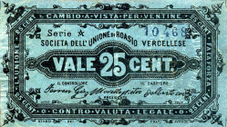 CARTAMONETA - MONETAZIONE D'EMERGENZA - Biglietti Fiduciari Roasio Vercellese (VC) Gav. 773 RRR Società dell'unione - 25 centesimi
 Società dell'unio...