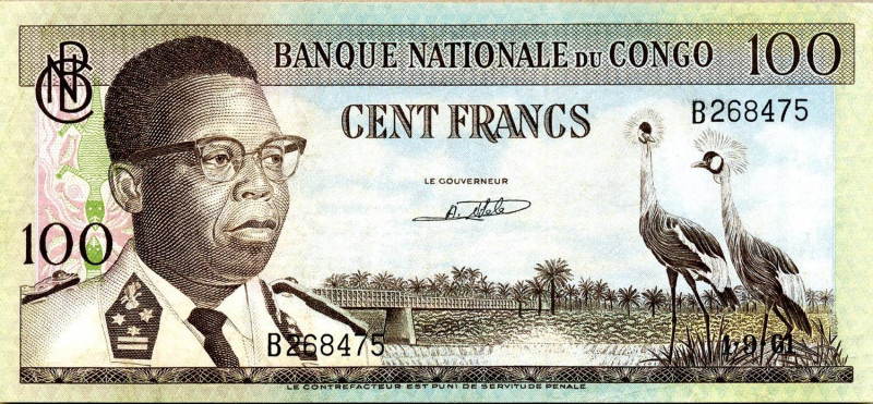 CARTAMONETA ESTERA - CONGO REP. DEMOCRATICA - Repubblica - 100 Franchi 01/09/196...