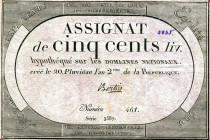 CARTAMONETA ESTERA - FRANCIA - Costituzione (1791-1795) - 500 Livres 08/02/1794 20 Pluviose An II Kr. A77 Lieve mancanza angolare
 Lieve mancanza ang...