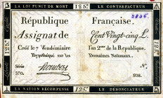 CARTAMONETA ESTERA - FRANCIA - Costituzione (1791-1795) - 125 Livres 1793 - 7 Vendémiaire An II Piccola mancanza in alto a d.
 Piccola mancanza in al...