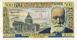 CARTAMONETA ESTERA - FRANCIA - Quarta Repubblica (1947-1958) - 5 Franchi Sovrastampati sui 500 franchi del 1957 Kr. 137 Restauro in basso a s. e forel...