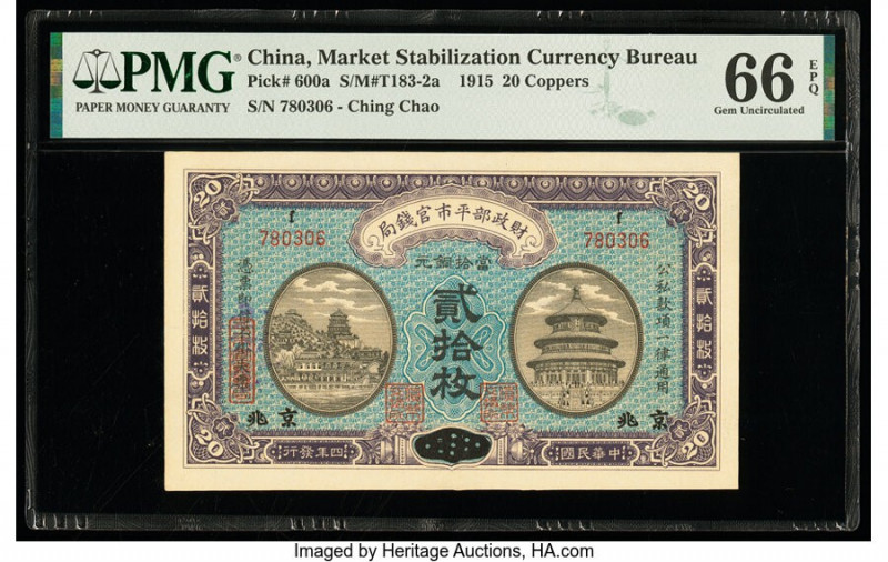 China Market Stabilization Currency Bureau 20 Coppers 1915 Pick 600a S/M#T183-2a...